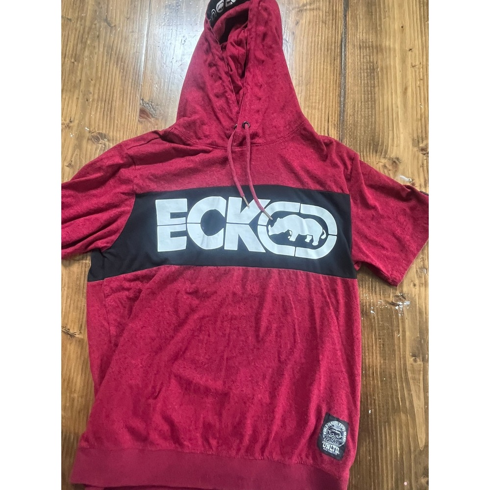 Ecko Unltd Mens Short Sleeve Hoodie Red Black Colorblock Rhino Logo Large